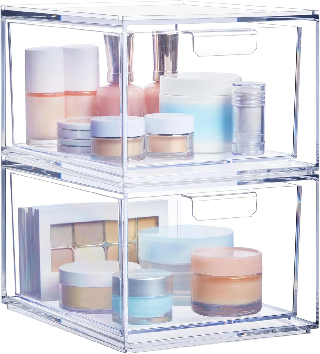 Stackable Clear Bin Plastic Organizer Drawers  2 Or 3Piece Set  Organize Cosmetics And Beauty Supplies On A Vanity