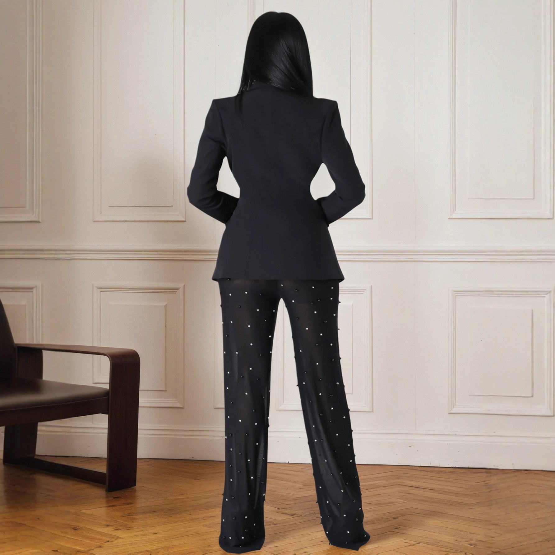 Buttoned Blazer And Beaded Pants Two-Piece Set