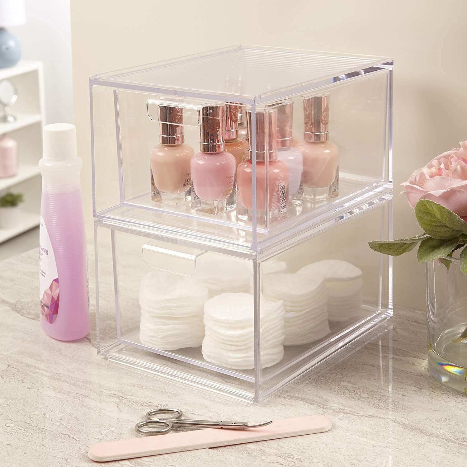 Stackable Clear Bin Plastic Organizer Drawers  2 Or 3Piece Set  Organize Cosmetics And Beauty Supplies On A Vanity