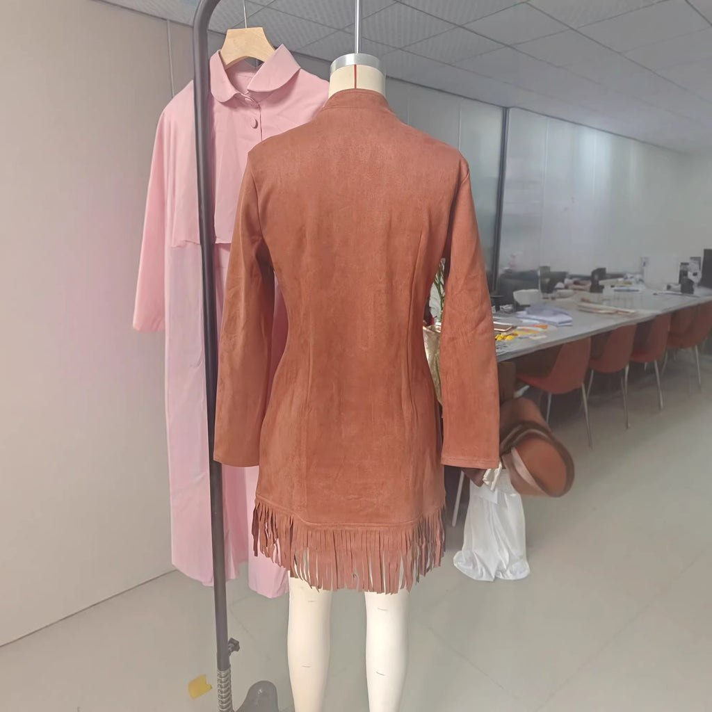 Western Cowboy-Style Suede Fringe Bodycon Mini Dress With Long Sleeves