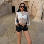 Mesh Long-sleeve Cropped Top With Patchwork Design