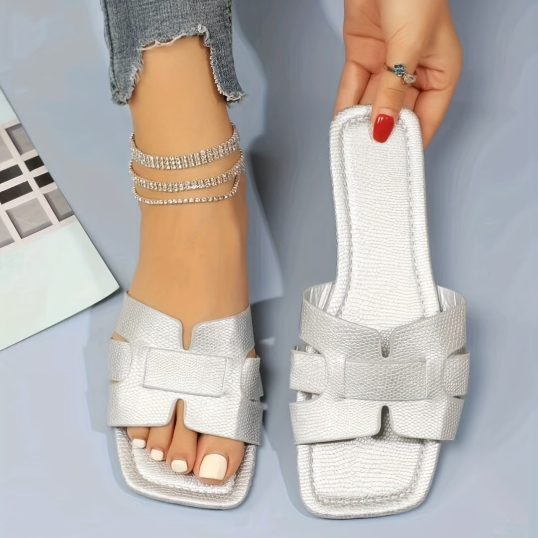 Square Toe Flat Sandals Summer Hollow Out Slides Slippers