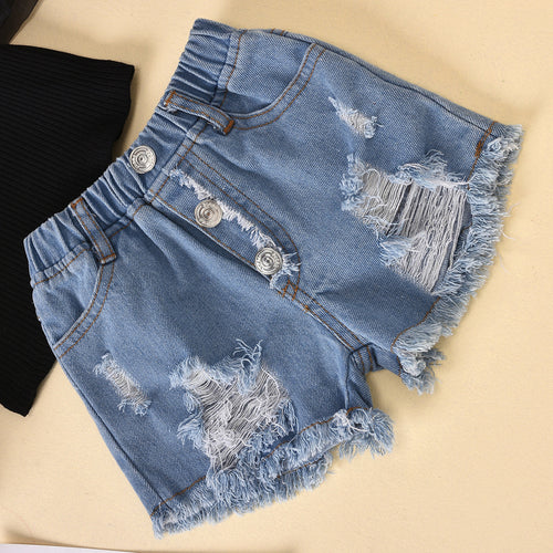 Childrens Clothing Cotton Dot Striped Top Ripped Shorts Kids Suit