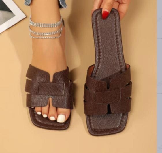 Square Toe Flat Sandals Summer Hollow Out Slides Slippers