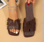 Square Toe Flat Sandals Summer Hollow Out Slides Slippers