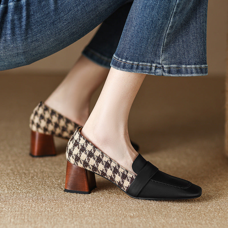 Square Head Thick Middle Heel Shoes Color Gingham Single Shoe Women