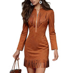 Western Cowboy-Style Suede Fringe Bodycon Mini Dress With Long Sleeves