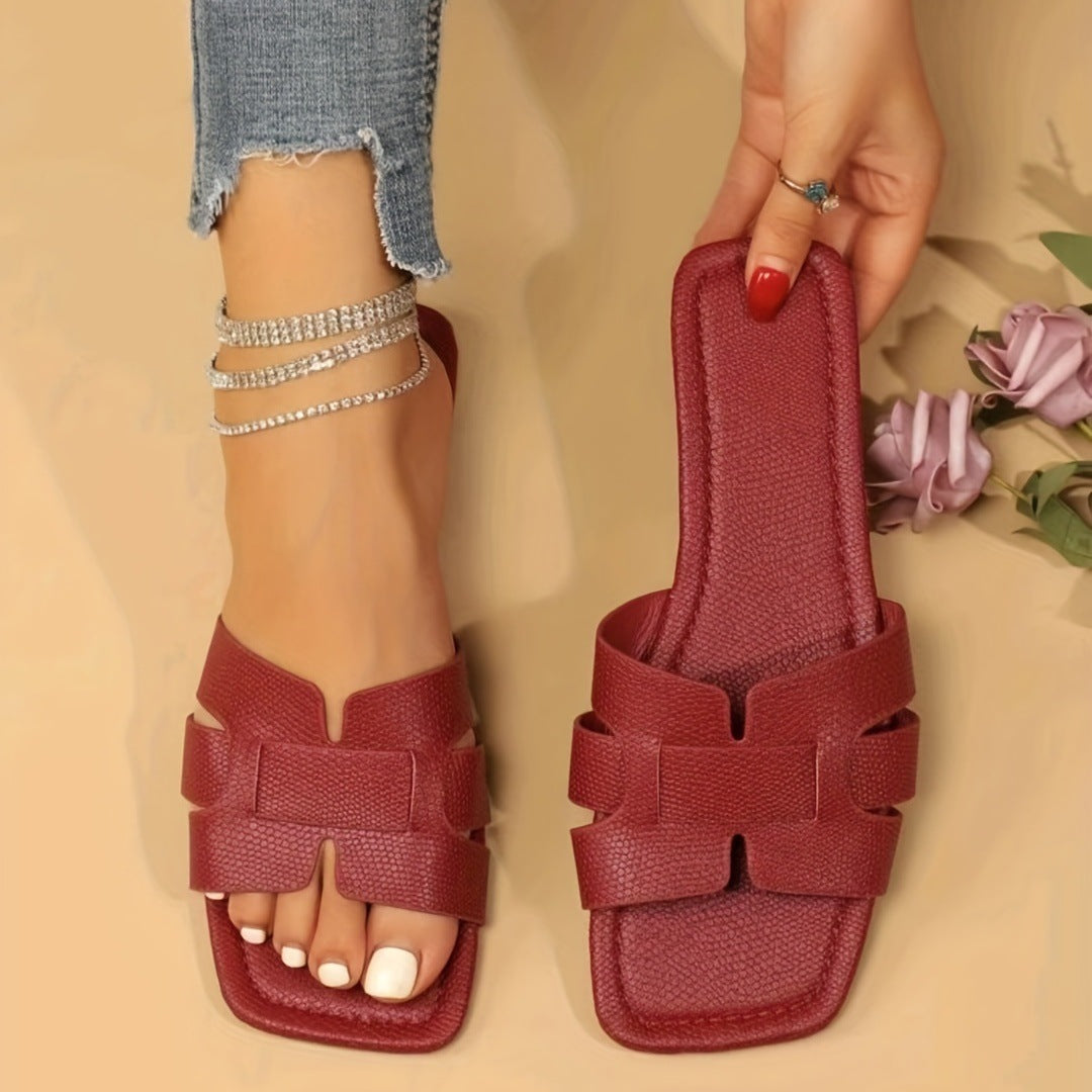 Square Toe Flat Sandals Summer Hollow Out Slides Slippers