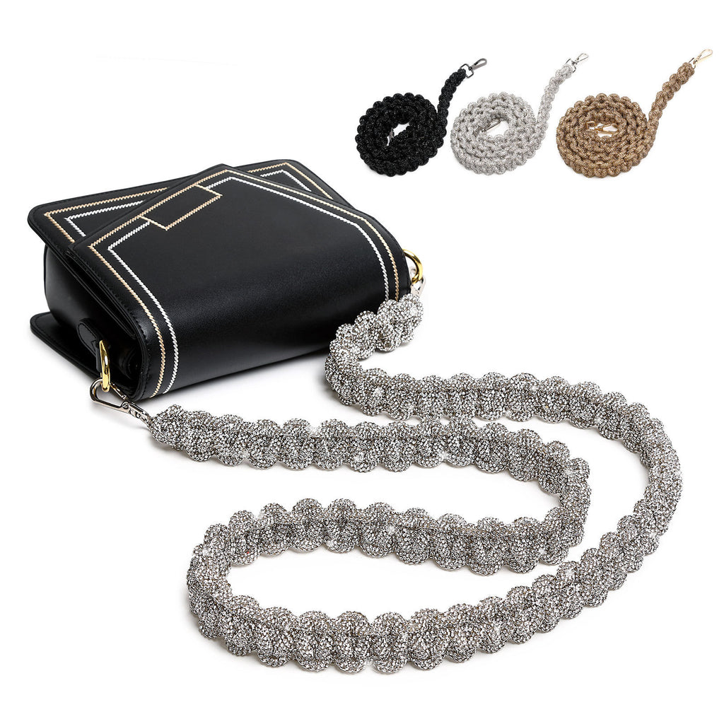 Luggage accessories featuring a crystal diamond sLuggage Accessories With Crystal Diamond Shoulder Straphoulder strap in silver with black, grey, and gold color options.