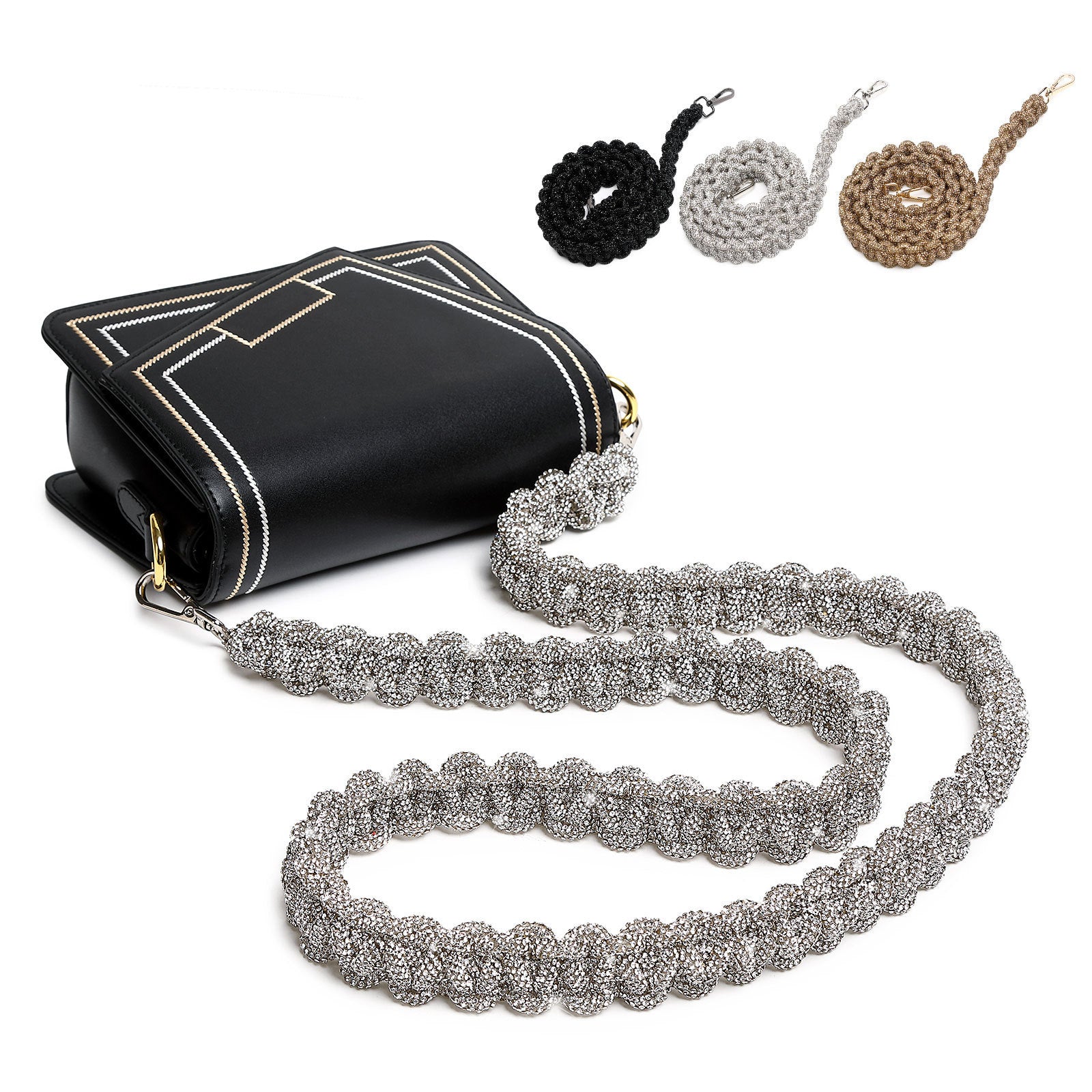 Luggage accessories featuring a crystal diamond sLuggage Accessories With Crystal Diamond Shoulder Straphoulder strap in silver with black, grey, and gold color options.