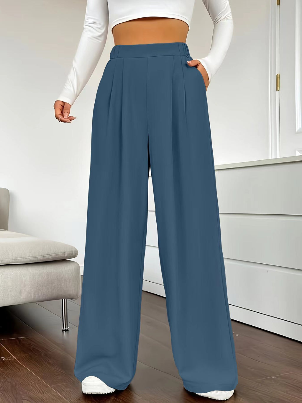  Elegant High Waist Wide Leg Straight Casual Pants