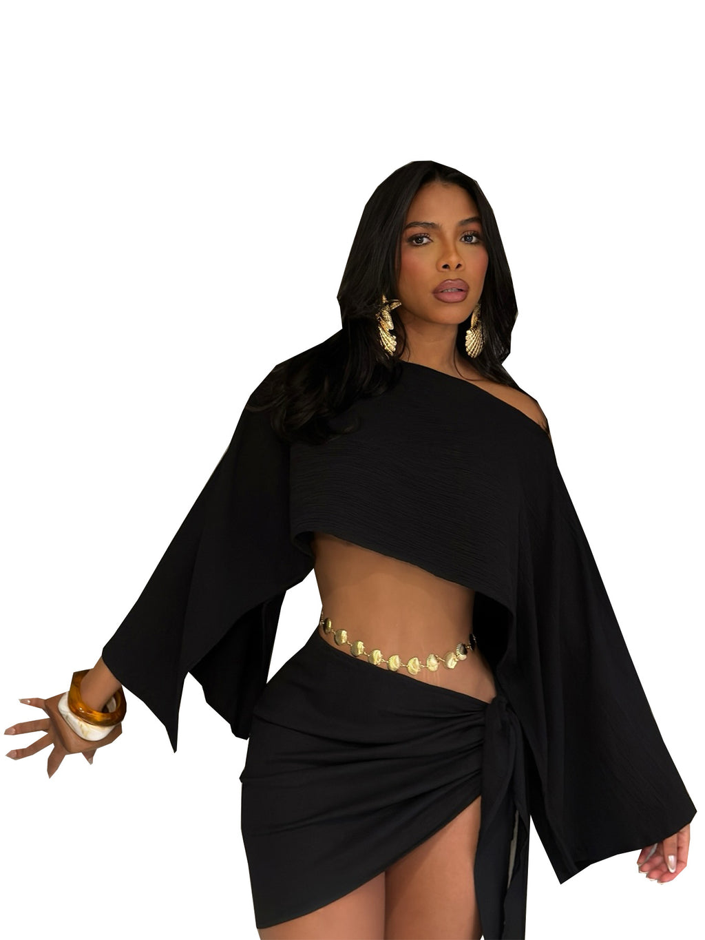 Off-shoulder Top And Tie-front Bodycon Skirt Set