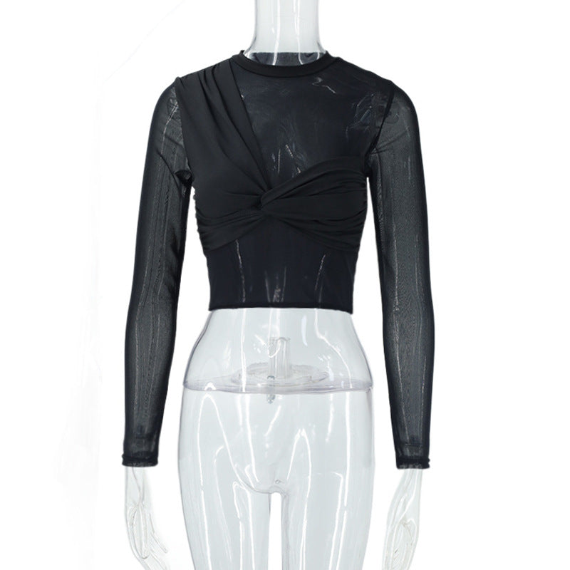 Mesh Long-sleeve Cropped Top With Patchwork Design