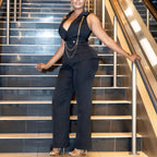 Stylish Chain-decorated Wide-leg African Jumpsuit With A Suit-style Collar