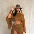 Off-shoulder Top And Tie-front Bodycon Skirt Set