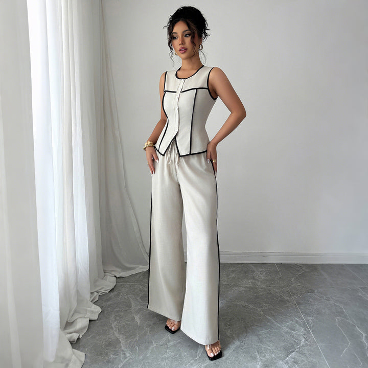 Casual Elegant Button Vest Wide Leg Pants Two-Piece Set Women