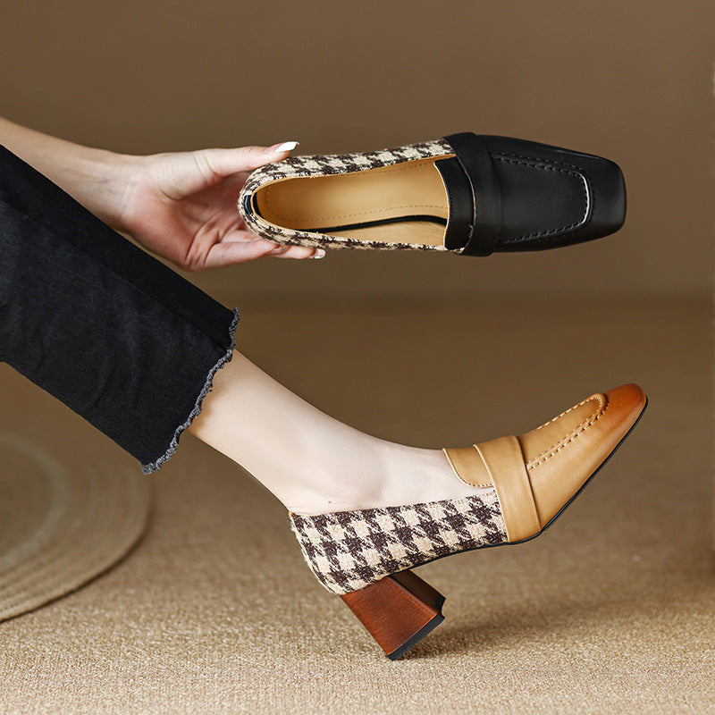 Square Head Thick Middle Heel Shoes Color Gingham Single Shoe Women