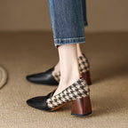 Square Head Thick Middle Heel Shoes Color Gingham Single Shoe Women