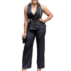 Stylish Chain-decorated Wide-leg African Jumpsuit With A Suit-style Collar