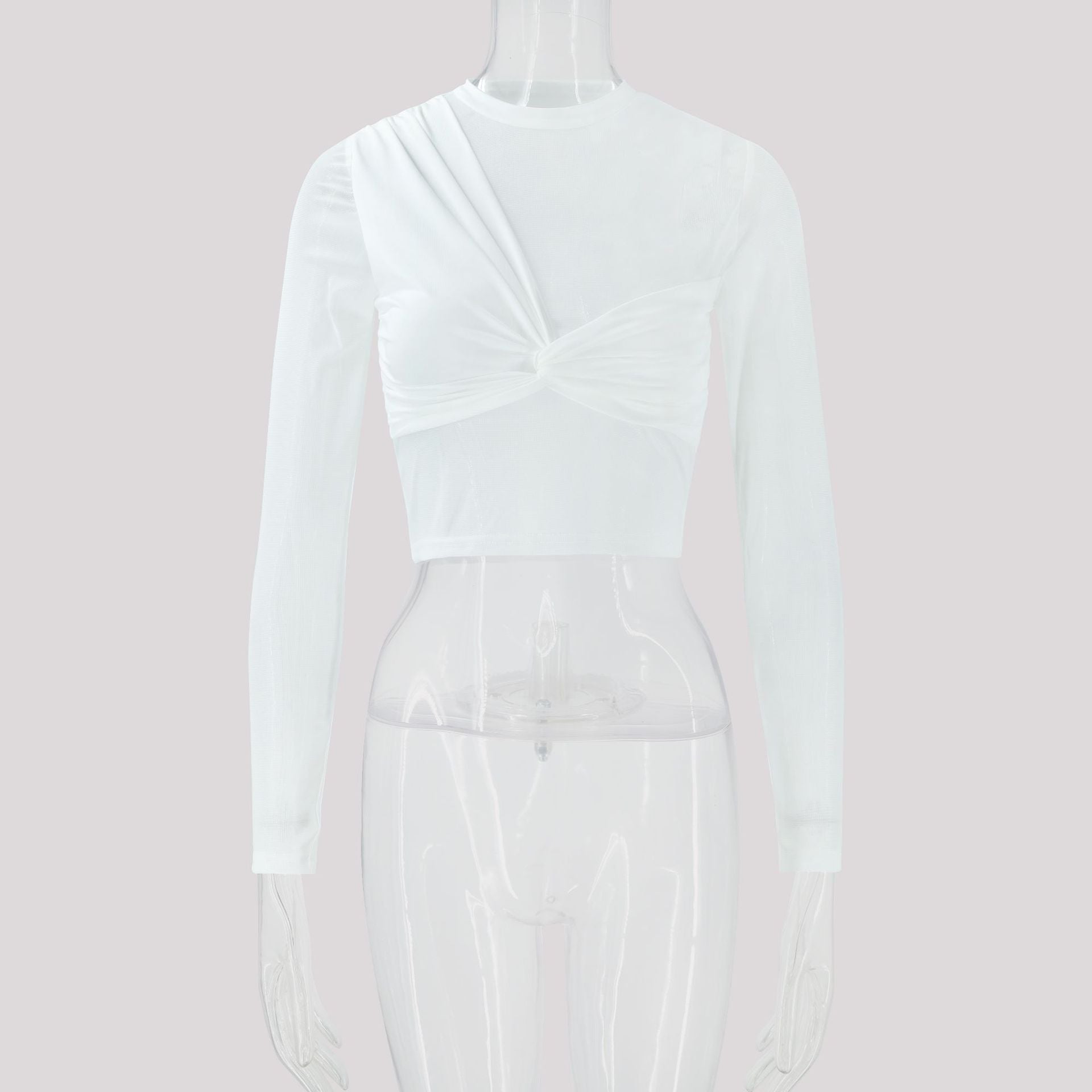 Mesh Long-sleeve Cropped Top With Patchwork Design