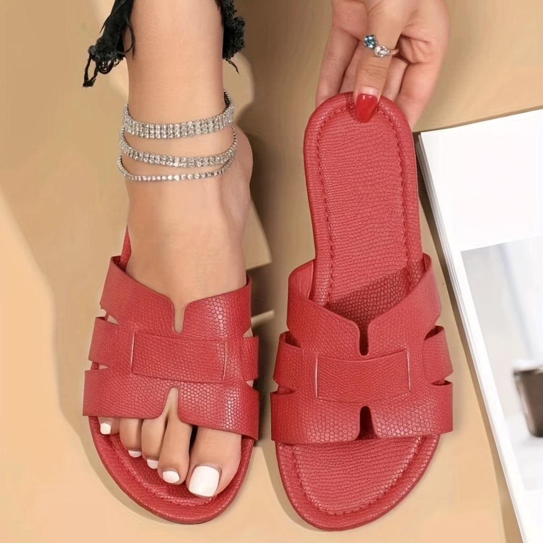 Square Toe Flat Sandals Summer Hollow Out Slides Slippers