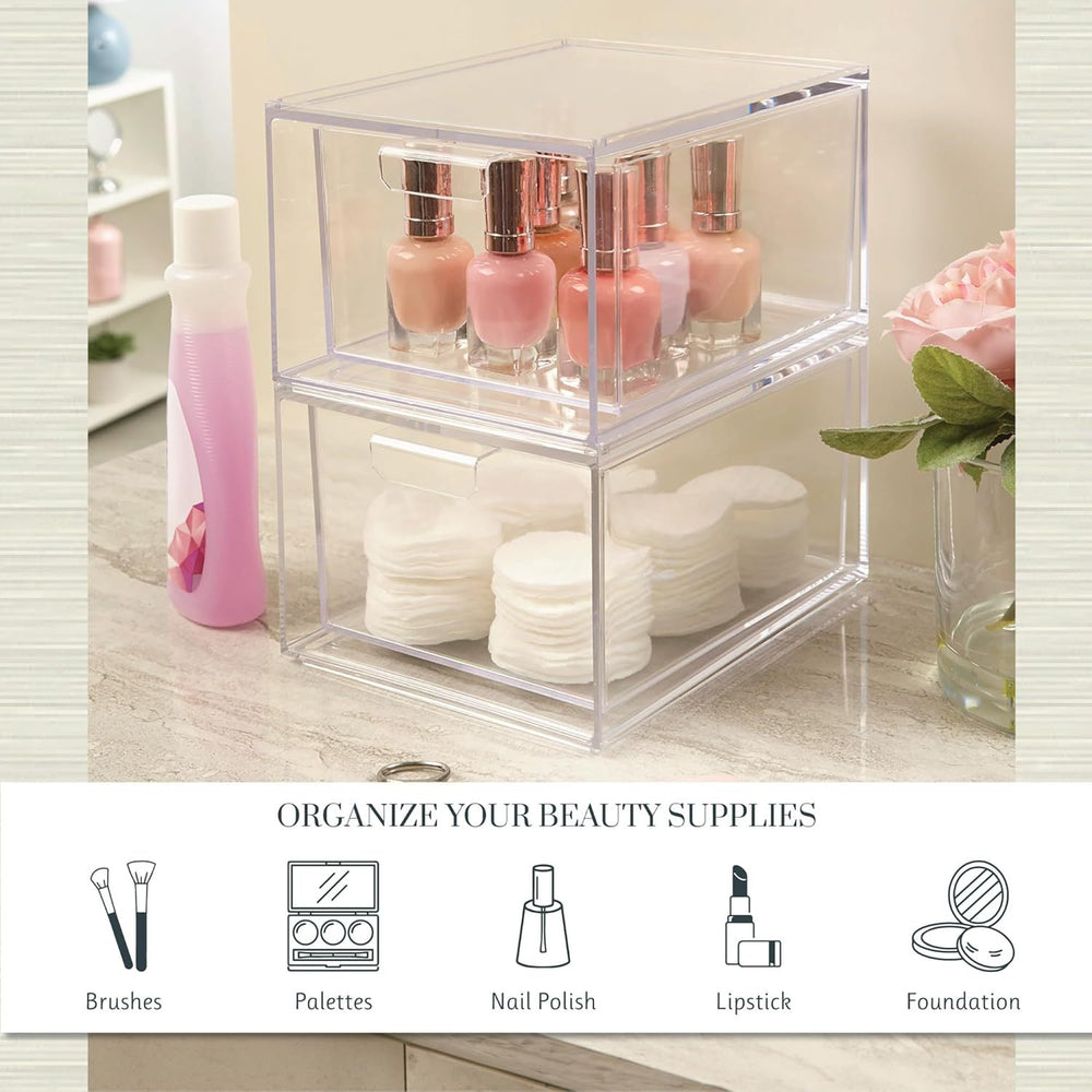 Stackable Clear Bin Plastic Organizer Drawers  2 Or 3Piece Set  Organize Cosmetics And Beauty Supplies On A Vanity