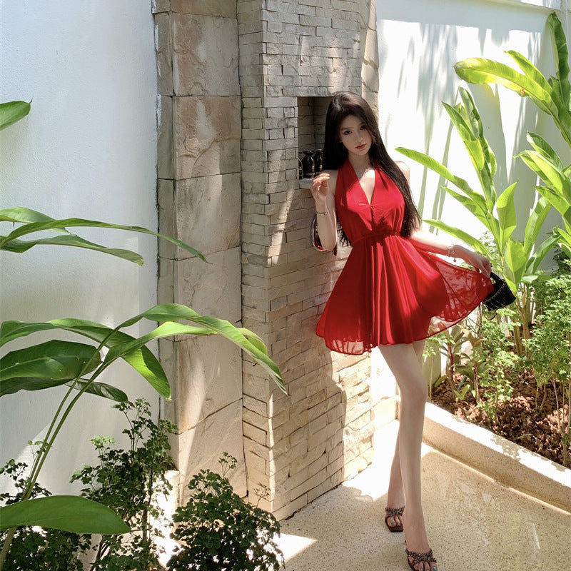 French Style Temperament Red Halter Dress Women