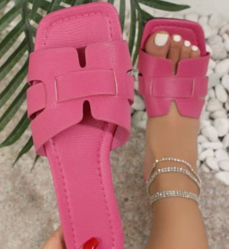 Square Toe Flat Sandals Summer Hollow Out Slides Slippers