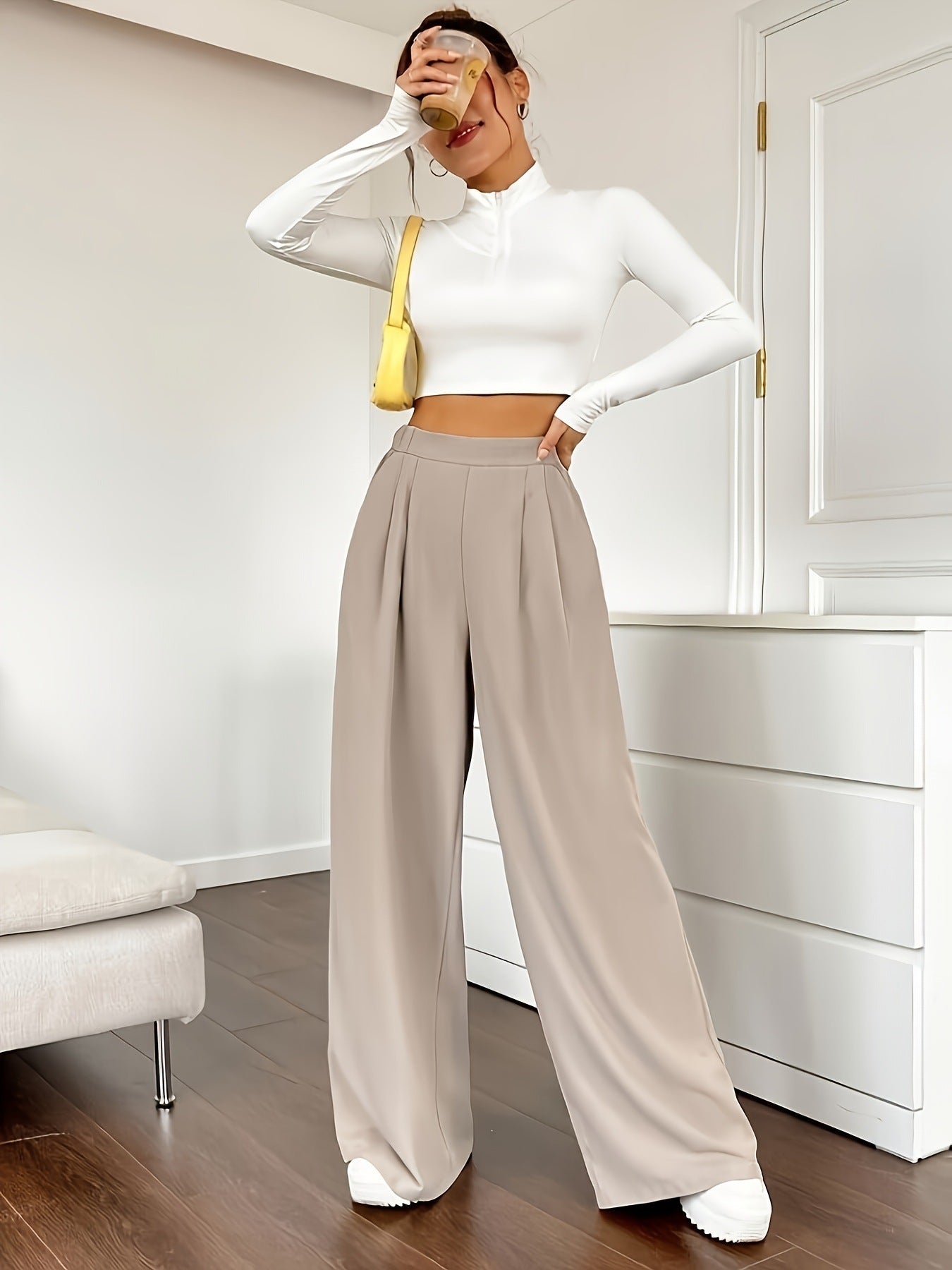  Elegant High Waist Wide Leg Straight Casual Pants
