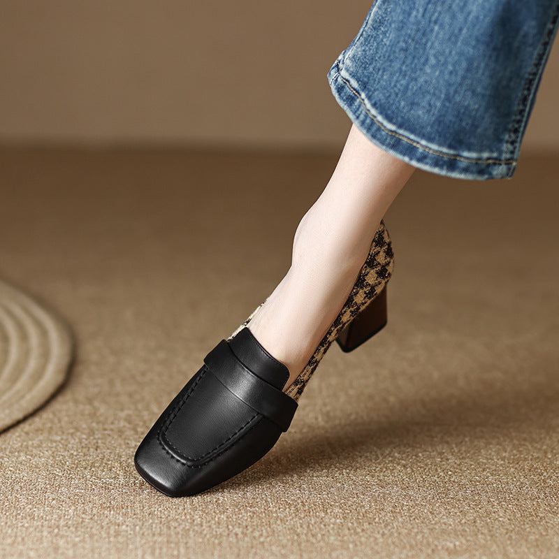 Square Head Thick Middle Heel Shoes Color Gingham Single Shoe Women