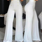 Women's Elegant High-Waisted Wide Leg Pants With Double-Breasted Buttons - Flared Trousers For Casual & Formal Wear