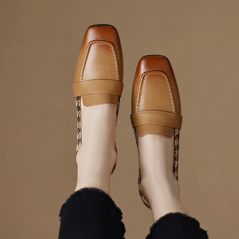 Square Head Thick Middle Heel Shoes Color Gingham Single Shoe Women