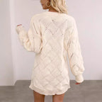 Round Neck Long Sleeve Rhombus Woven Hip Skirt