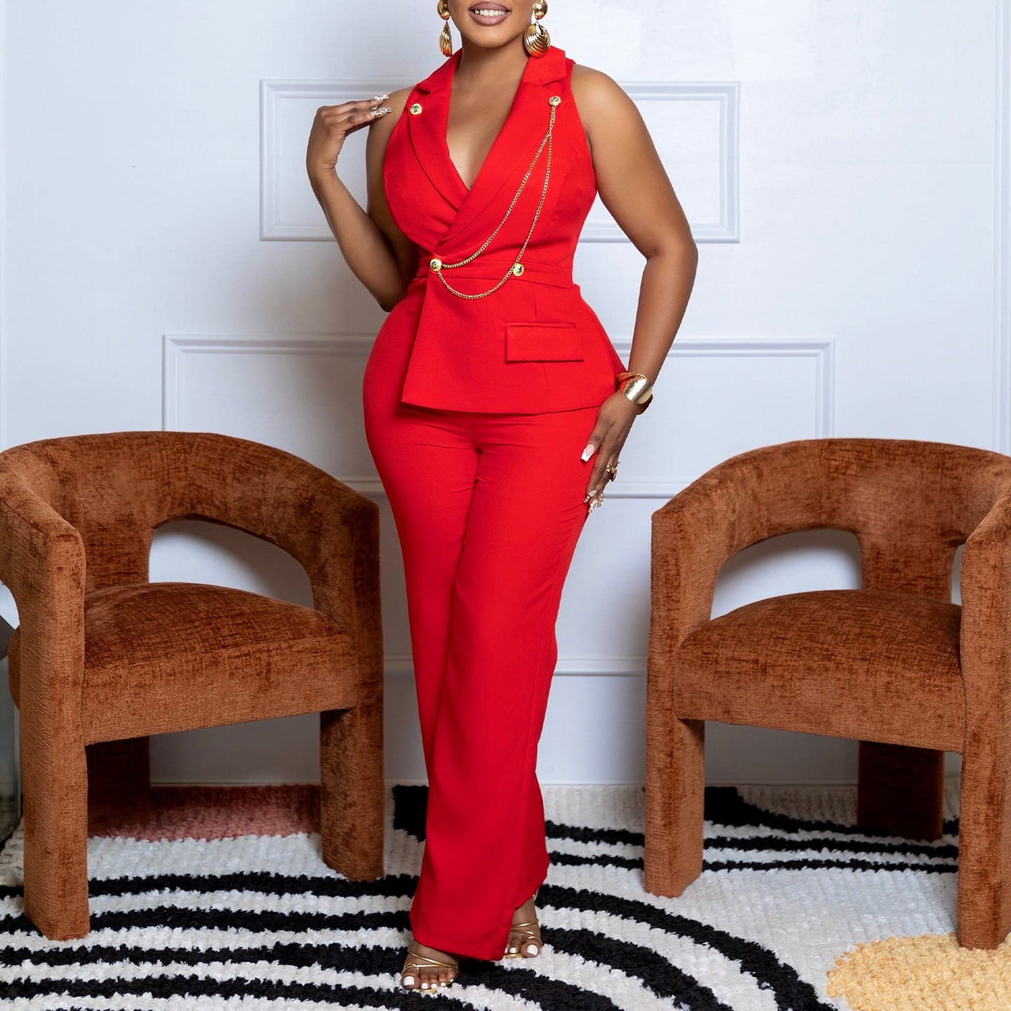 Stylish Chain-decorated Wide-leg African Jumpsuit With A Suit-style Collar