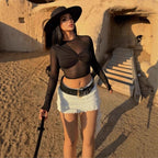 Mesh Long-sleeve Cropped Top With Patchwork Design