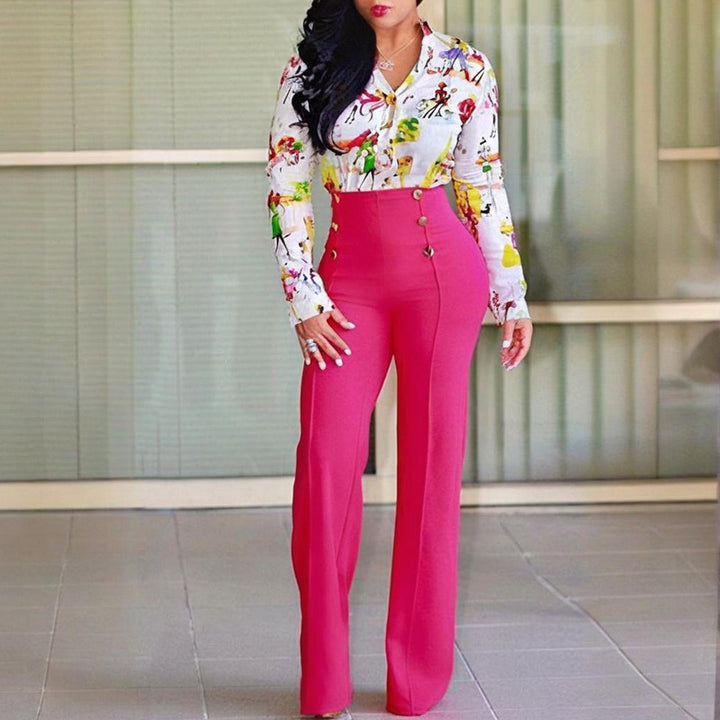 Women's Elegant High-Waisted Wide Leg Pants With Double-Breasted Buttons - Flared Trousers For Casual & Formal Wear