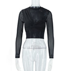 Mesh Long-sleeve Cropped Top With Patchwork Design