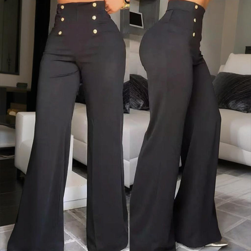 Women's Elegant High-Waisted Wide Leg Pants With Double-Breasted Buttons - Flared Trousers For Casual & Formal Wear