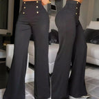 Women's Elegant High-Waisted Wide Leg Pants With Double-Breasted Buttons - Flared Trousers For Casual & Formal Wear